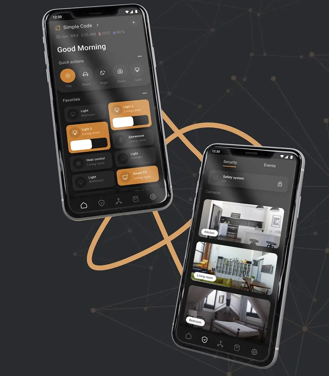 Connected Home app screens controlling smart home devices