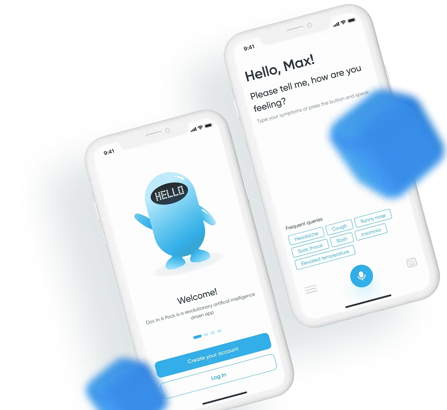 Doc In A Pock app screens with a symptom questionnaire