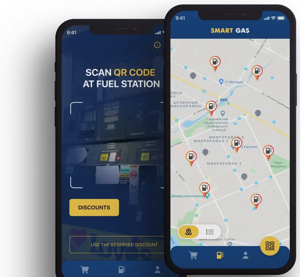 Smart Gas app screens: QR code scanning at a fuel station and a map of nearby stations